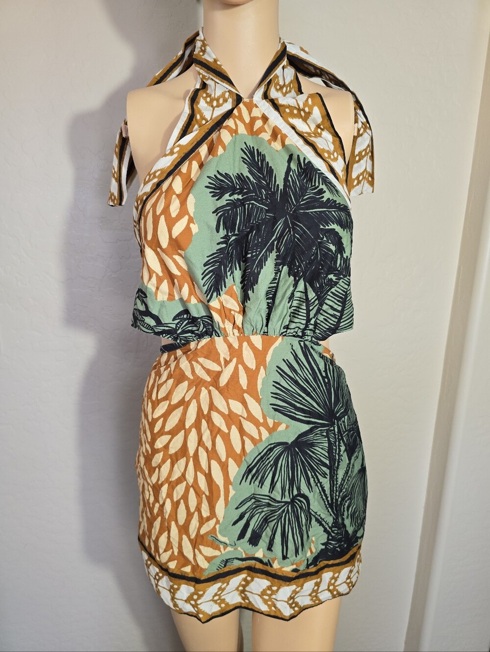 Johanna Ortiz Reminders Of Paradise Mini Dress in Brown & Green